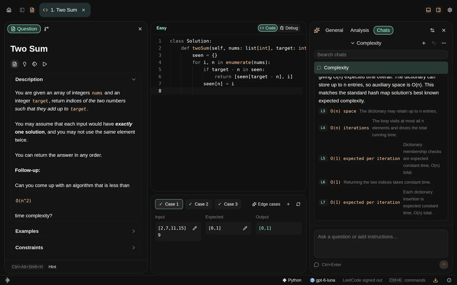 leet's AI pane answering a Complexity request beside the editor.