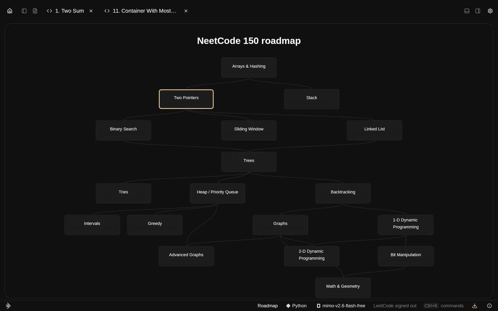The NeetCode roadmap with per-topic progress.